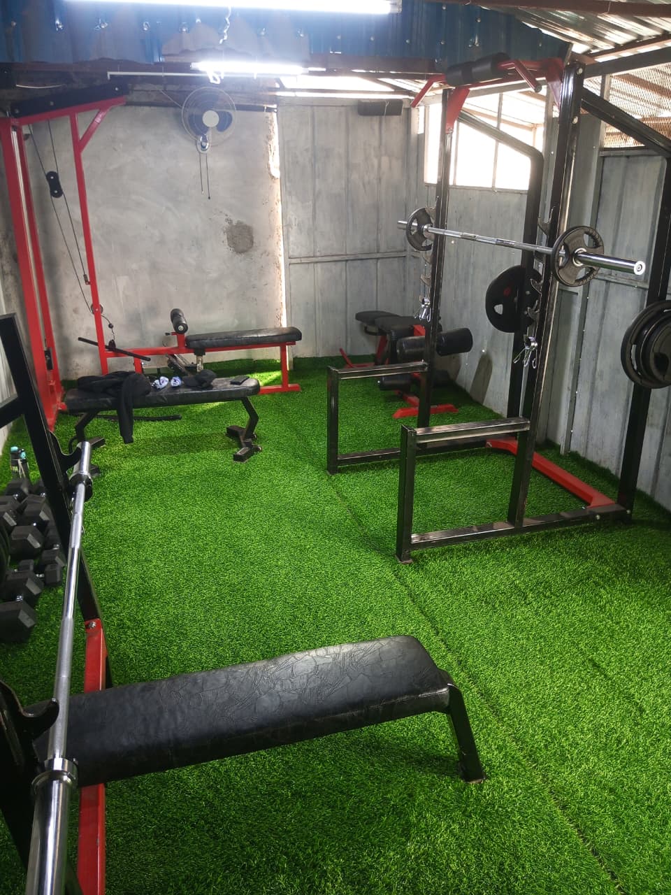 TrankFit barbell close-up — loaded plates on a rack